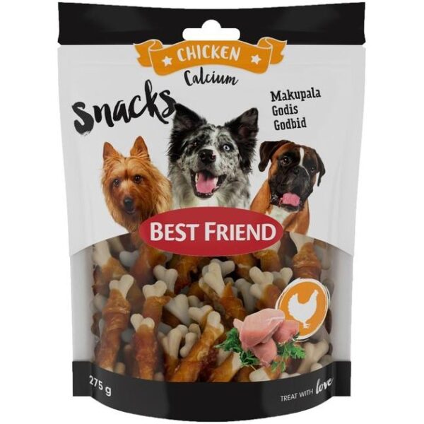 Best Friend Kalsium Kanamakupala 275g 1 Koiran hampaita ja luita vahvistavaa kalsiumia sisältävät kanamakupalat hauskassa luun muodossa.