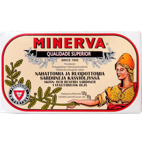 Minerva Sardiineja Kasvioljyssa Ruodoton 120g Maukkaat nahattomat ja ruodottomat sardiinit laadukkaassa kasviöljyssä. Luonnollisesti valmistettu.
