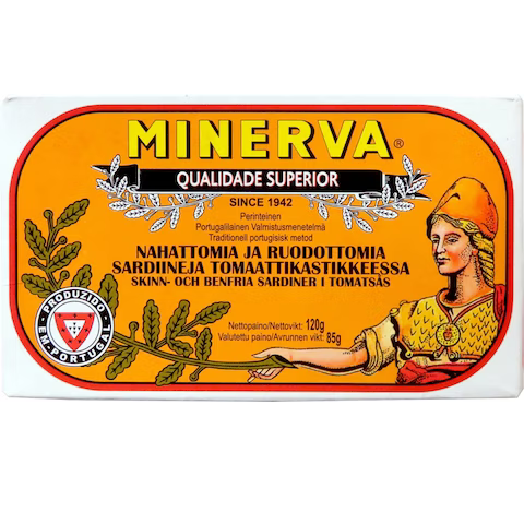 Minerva Sardiineja Tomaattikastikkeessa Nahaton ja Ruodoton 120g Maukkaat nahattomat ja ruodottomat sardiinit tomaattisessa kastikkeessa. Luonnollisesti valmistettu.